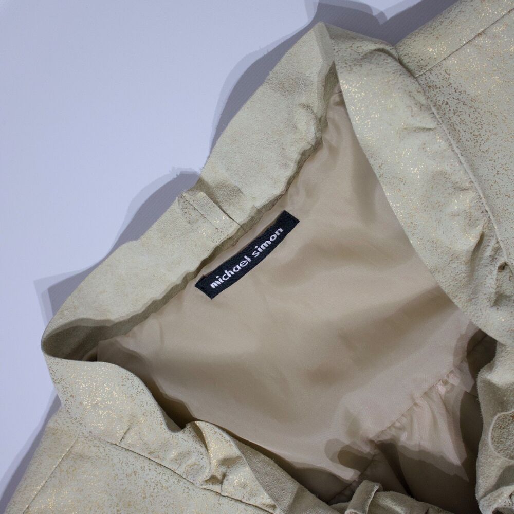 Michael Simon Ruffled Leather Jacket Beige Gold Sparkle Women Size M (B4) - Picture 10 of 16